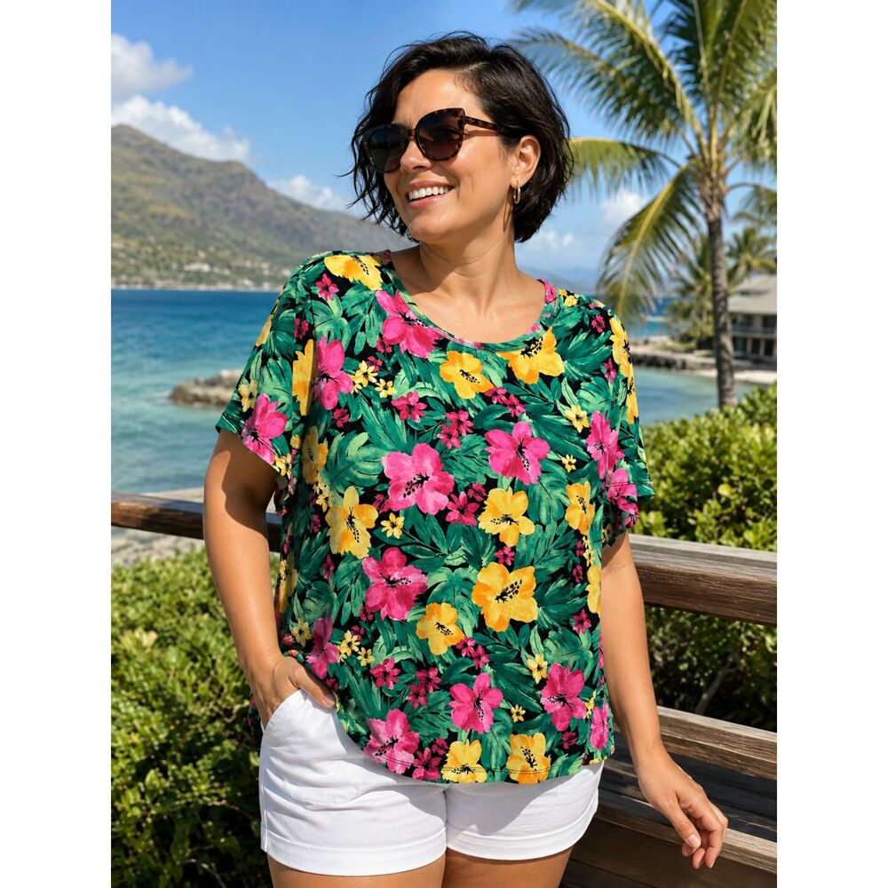 Old Navy XL Tropical Floral Hibiscus Print Short Sleeve Vacation Tee Top #X